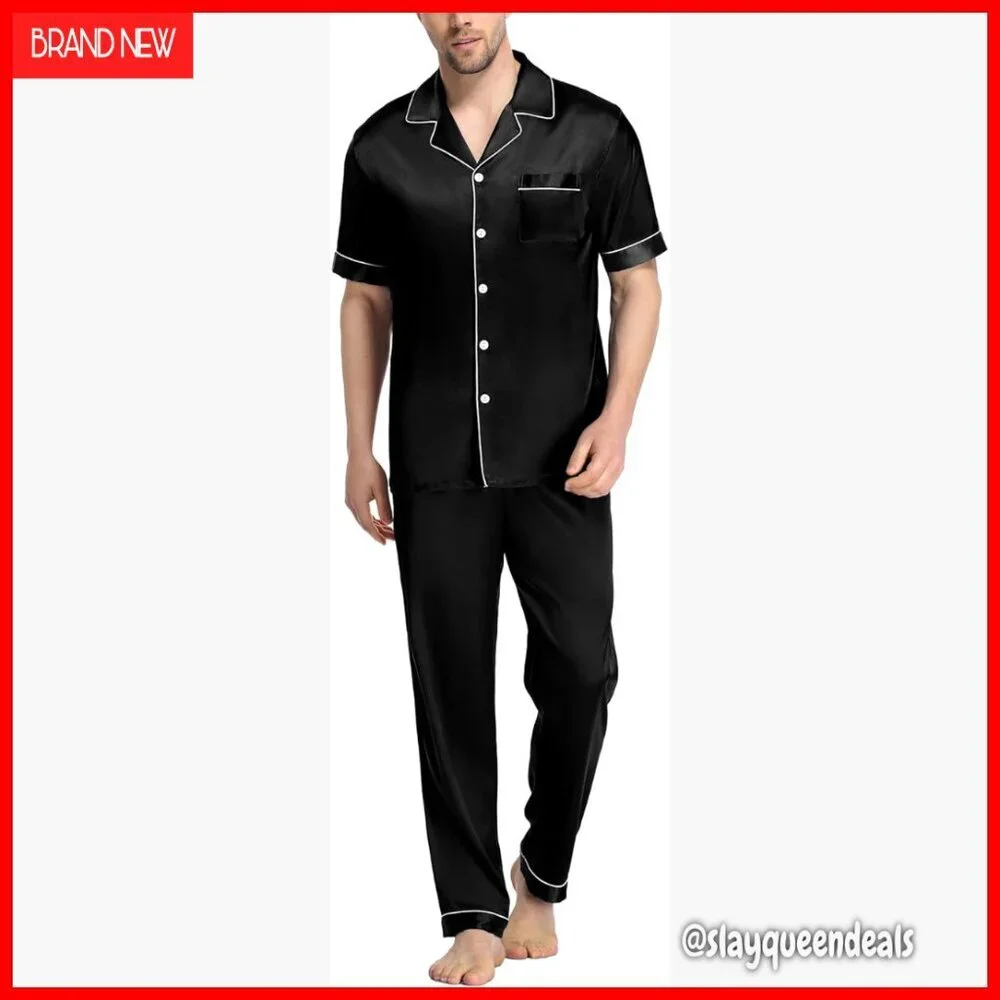 Men's Satin Pajama Set Short Sleeve Button Down Lounge Sleepwear
